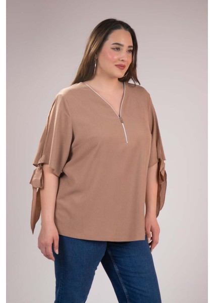 Kadın Büyük Beden Bürümcüklü Kahverengi Bluz fiyatları