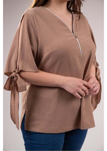 Kadın Büyük Beden Bürümcüklü Kahverengi Bluz fırsatları