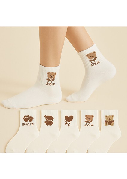 5’li Sevimli Ayı Desenli Kadın Çorap Seti – Love Yazılı, Kısa Konçlu”