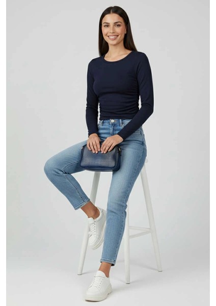 Sptrns Yanı Büzgülü Bluz Lacivert T4322 (Beden: S)