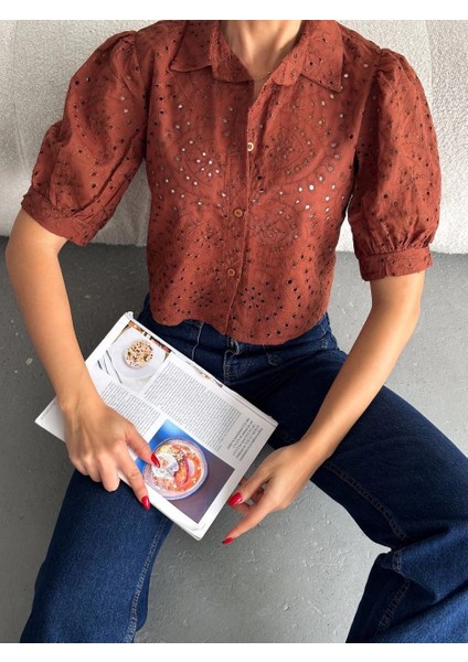 Yzlal Brodeli Crop Gömlek S1023 Kahve (Beden: M)
