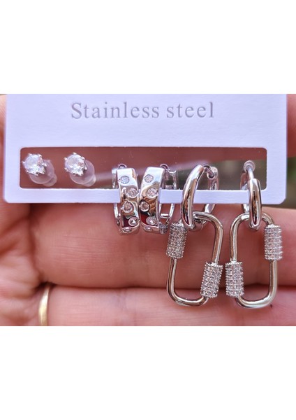 Çelik Kilit Detaylı Çoklu Kadın Küpe