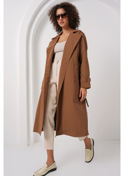 5936 Kruvaze Yaka Trençkot - Taba