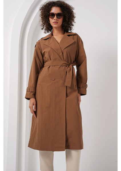 5936 Kruvaze Yaka Trençkot - Taba fiyatları