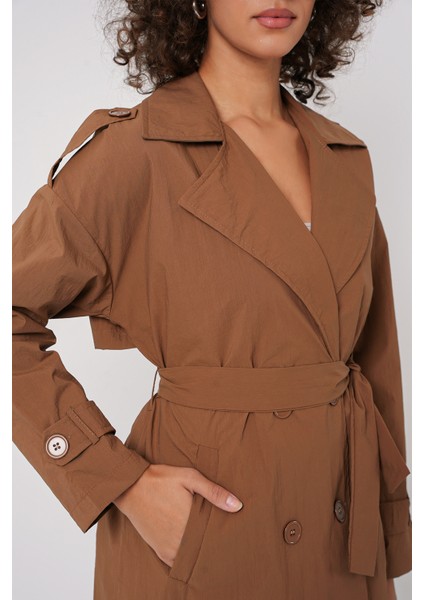 5936 Kruvaze Yaka Trençkot - Taba fırsatları