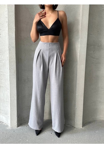 Yzlal Pileli Keten Pantolon S255046 Gri (Beden: M) fırsatları
