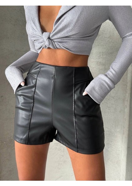 Yzlal Parçalı Cepli Deri Şort Siyah W26312 (Beden: Xl)