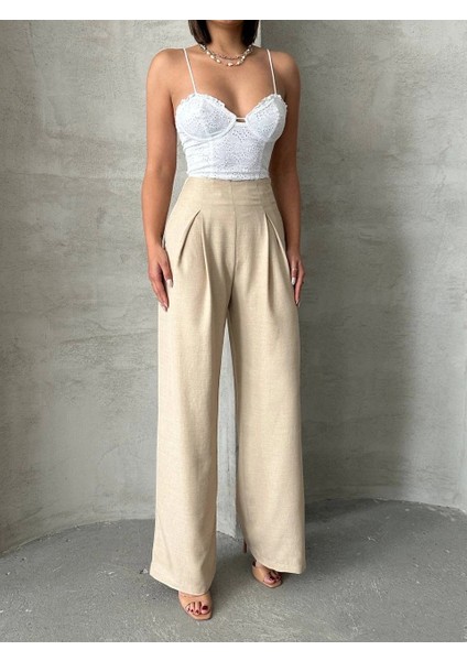 Yzlal Pileli Keten Pantolon S255046 Bej (Beden: M)