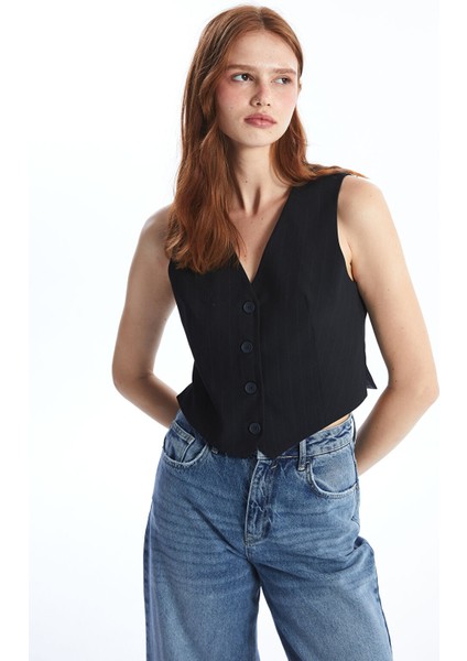 Yeni Sezon V Yaka Çizgili Kadın Klasik Yelek