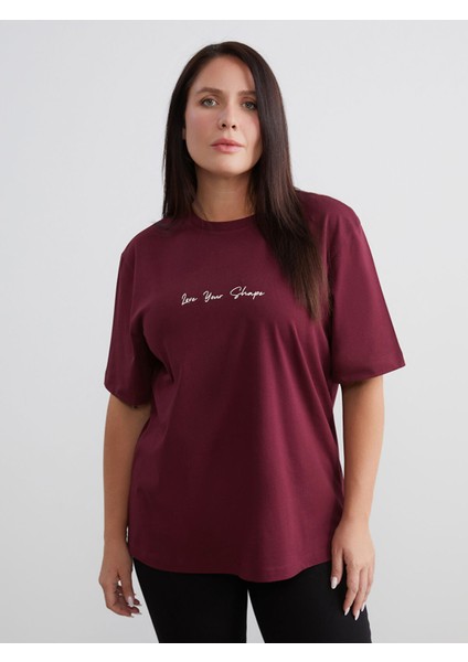 Yeni Sezon Büyük Beden Bisiklet Yaka Baskılı Kadın Tişört