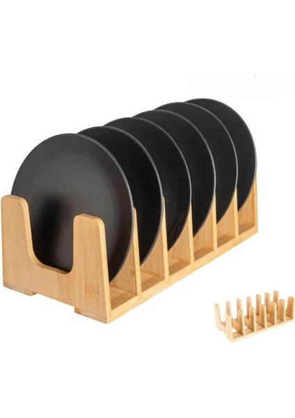 6 Bölmeli Bambu Tabaklık ve Tencere Kapağı Düzenleyici – Ahşap, Şık ve Dayanıklı Mutfak Organizeri, Tava,tabak ve Kapaklar Için Çok Amaçlı Düzenleyici