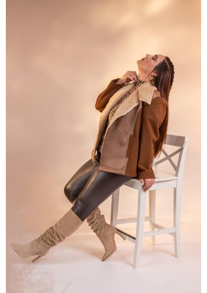 Kadın Büyük Beden Kürk Yaka Kaşe Camel Mont