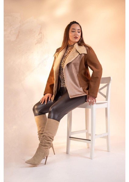 Kadın Büyük Beden Kürk Yaka Kaşe Camel Mont fiyatları