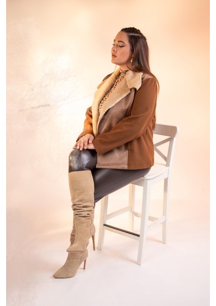 Kadın Büyük Beden Kürk Yaka Kaşe Camel Mont modelleri