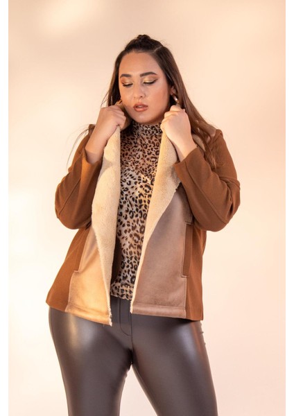 Kadın Büyük Beden Kürk Yaka Kaşe Camel Mont fırsatları