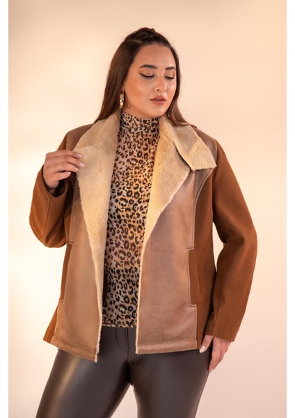 Kadın Büyük Beden Kürk Yaka Kaşe Camel Mont indirimleri
