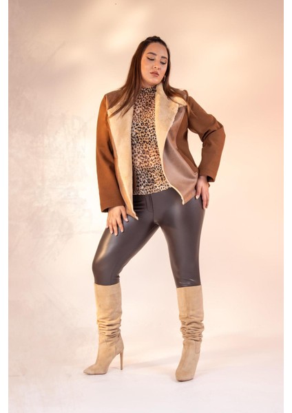 Kadın Büyük Beden Kürk Yaka Kaşe Camel Mont