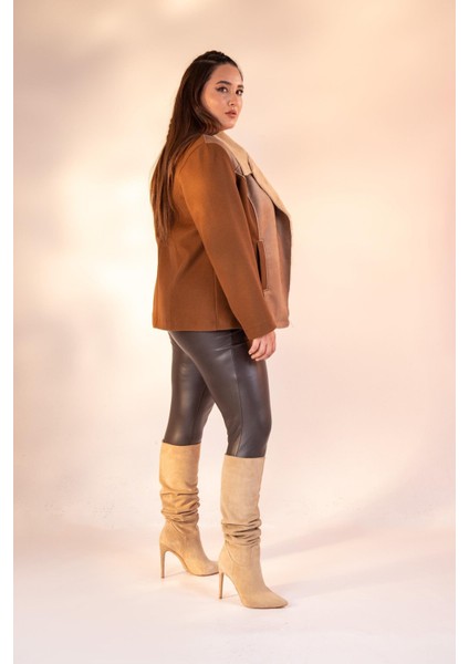 Kadın Büyük Beden Kürk Yaka Kaşe Camel Mont