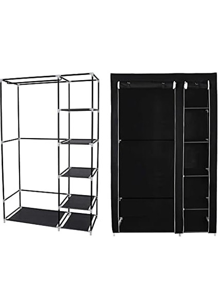 Kumaş Dolap, Dolabı, Katlanır Dolap, Çubuklu Kamp Dolabı, 110 x 175 x 45 Cm, Siyah, LSF007 modelleri