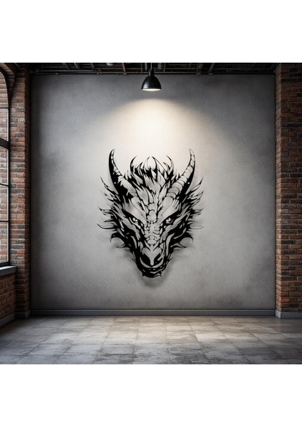 Ejderha Kafası Metal Duvar Dekoru – Fantastik Sanat ve Güç Temalı Modern Tasarım