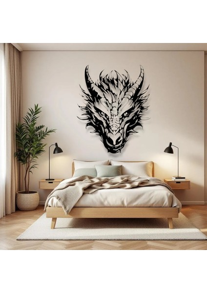 Ejderha Kafası Metal Duvar Dekoru – Fantastik Sanat ve Güç Temalı Modern Tasarım