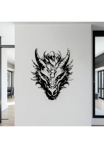 Ejderha Kafası Metal Duvar Dekoru – Fantastik Sanat ve Güç Temalı Modern Tasarım