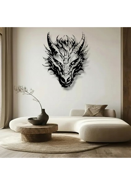 Ejderha Kafası Metal Duvar Dekoru – Fantastik Sanat ve Güç Temalı Modern Tasarım