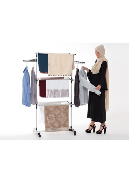 Katlı Çamaşır Kurutma Askısı, Tekerlekli, Katlanır Ayaklı