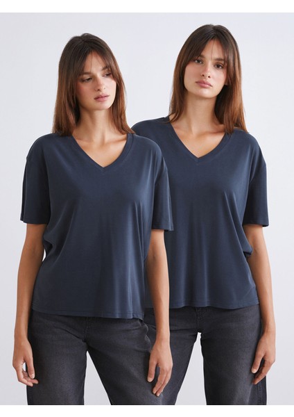 Yeni Sezon V Yaka Modal Karışımlı Kadın Tişört 2'li