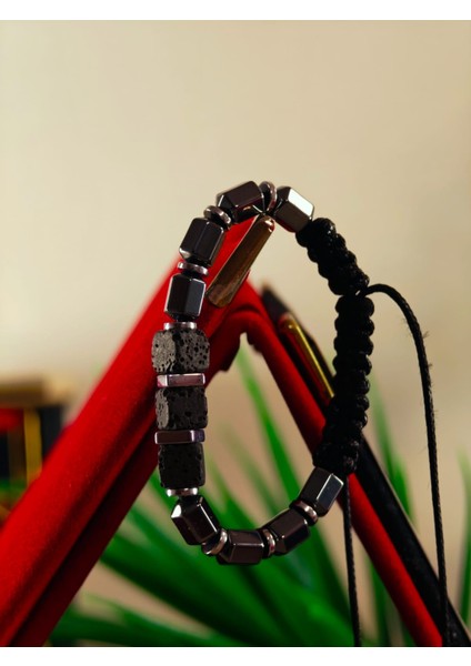 Makrome Bileklik El Yapımı Saf Doğaltaş Özel Yapım Hematit Taşı, Lav Taşı, Akik Taşı, Amatis Taşı