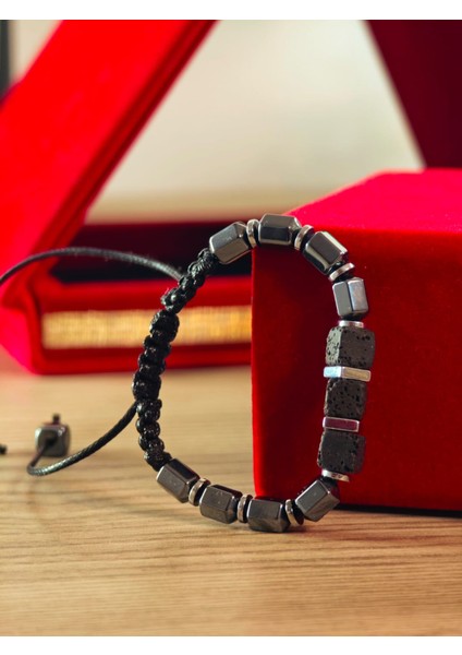 Makrome Bileklik El Yapımı Saf Doğaltaş Özel Yapım Hematit Taşı, Lav Taşı, Akik Taşı, Amatis Taşı
