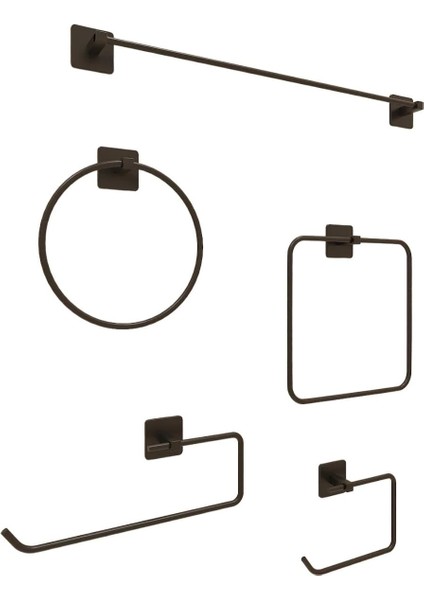 Yapışkanlı Aksesuar Seti Havluluk T.kağıtlık ve Peçetelik Kare Siyah 5 Li Set