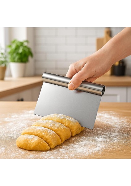 Paslanmaz Çelik Hamur Kazıyıcı, Ergonomik Saplı, Çok Amaçlı Hamur Kesici ve Tezgah Temizleyici Mutfak Spatulası