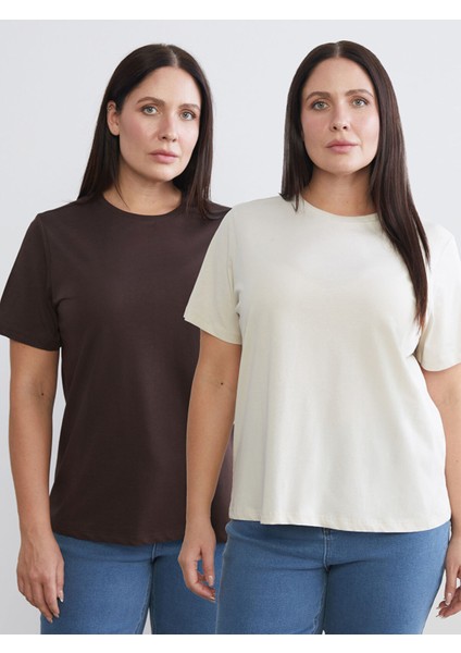 Yeni Sezon Büyük Beden Bisiklet Yaka Kadın Tişört 2'li
