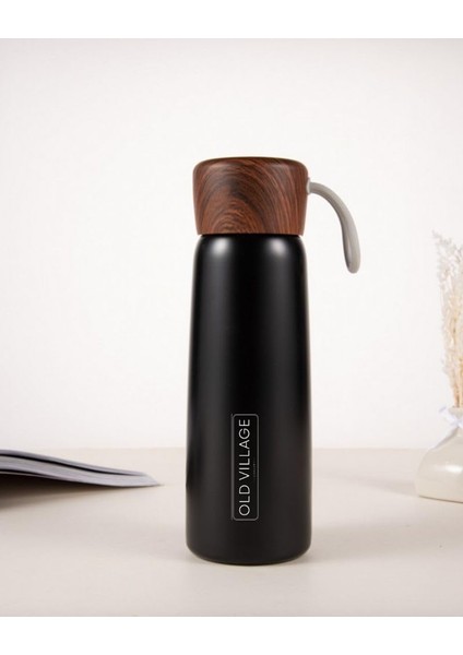 Concept Paslanmaz Çelik 400 ml Ahşap Desen Kapaklı Vakum Seyahat Termosu, Su Şişesi (Siyah)