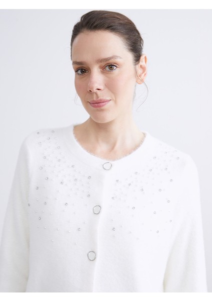 Yeni Sezon Bisiklet Yaka Taşlı Kadın Triko Hırka