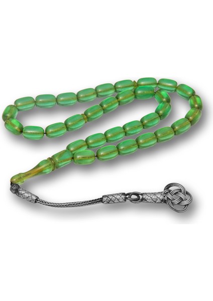 Gümüş Kazaz Püsküllü Kapsül Kesim Yeşil Sıkma Kehribar Tesbih