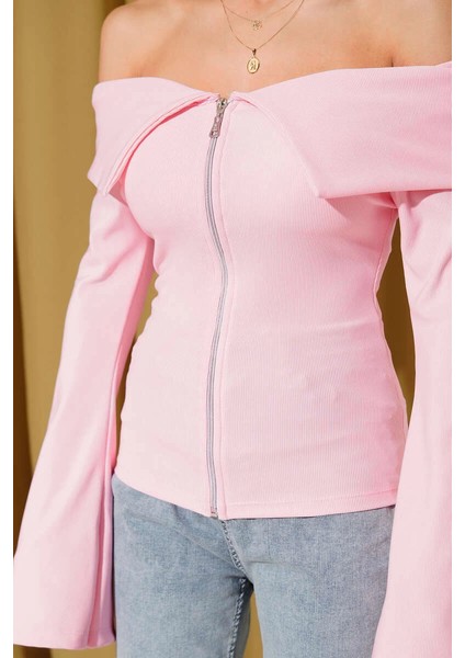 Yzlal Omzu Açık Fermuarlı Bluz Pembe T4330 (Beden: L) fırsatları