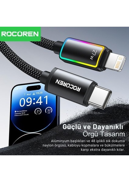 27W Type-C To Lightning Rgb Aydınlatmalı Örgülü Şarj ve Data Kablosu 1 Metre fiyatları
