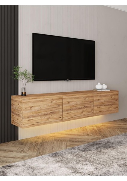 Dizayn Neon LED Işıklı, Duvara Monte, 3 Kapaklı Tv Ünitesi, Tv Sehpası Atlantik Çam
