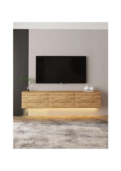 Dizayn Neon LED Işıklı, Duvara Monte, 3 Kapaklı Tv Ünitesi, Tv Sehpası Atlantik Çam fiyatları