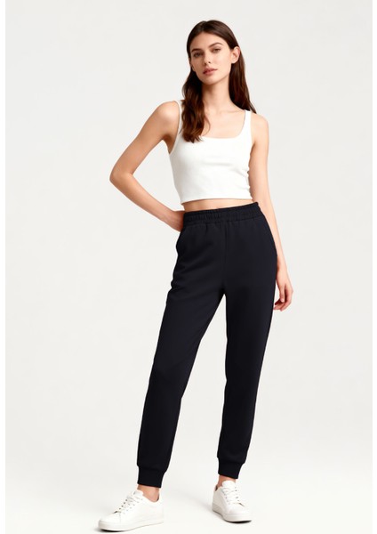 Lacivert Yüksek Bel Jogger Rahat Form Manşetli Kadın Eşofman Alt - 94561