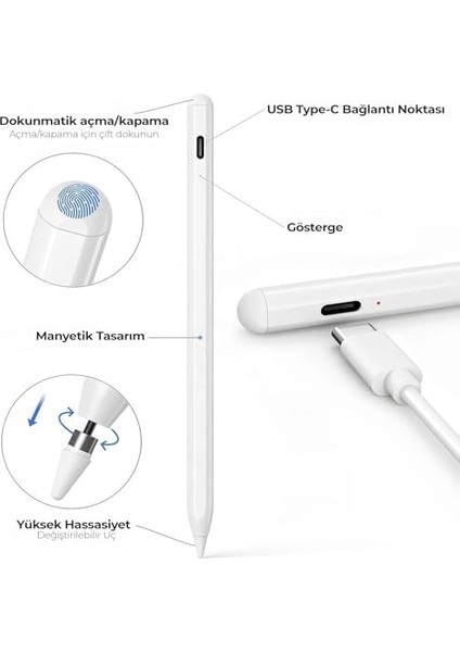 Tablet Kalemi iPad Uyumlu – Stylus Kalem, Avuç Içi Reddetme & Eğim Özelliği, Hassas Yazım, 2 Yedek Uç Dahil, iPad Pro/ipad Mini/ipad Air modelleri
