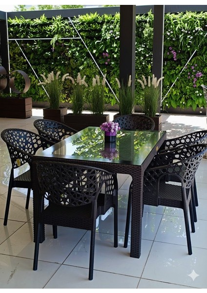 Lotus Rattan Bahçe Balkon Masa Takımı 6 Kişilik 6 Adet Sandalye 90X150CM Camlı Set Pro