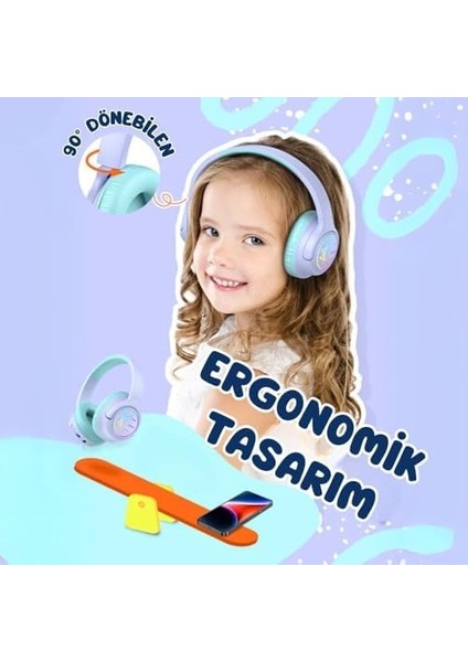 LED Işıklı Güvenli Ses Sınırlı 45 Saat Oynatma Süreli Bluetooth Çocuk Kulaklığı Lila modelleri