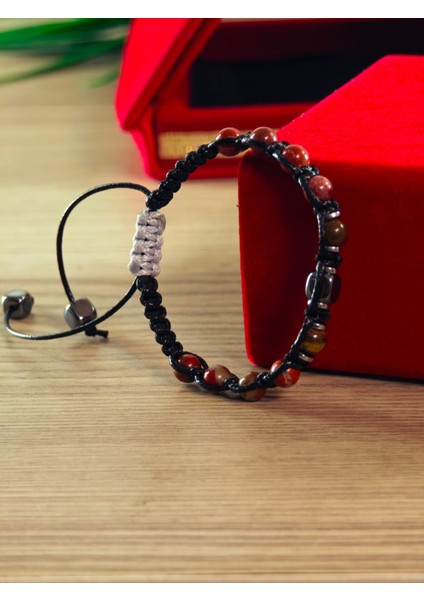 Makrome Bileklik El Yapımı Saf Doğaltaş Özel Yapım Hematit Taşı, Lav Taşı, Akik Taşı, Amatis Taşı