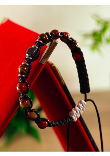 Makrome Bileklik El Yapımı Saf Doğaltaş Özel Yapım Hematit Taşı, Lav Taşı, Akik Taşı, Amatis Taşı