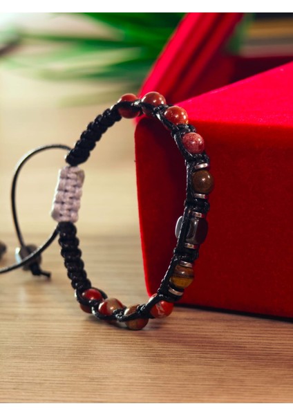 Makrome Bileklik El Yapımı Saf Doğaltaş Özel Yapım Hematit Taşı, Lav Taşı, Akik Taşı, Amatis Taşı