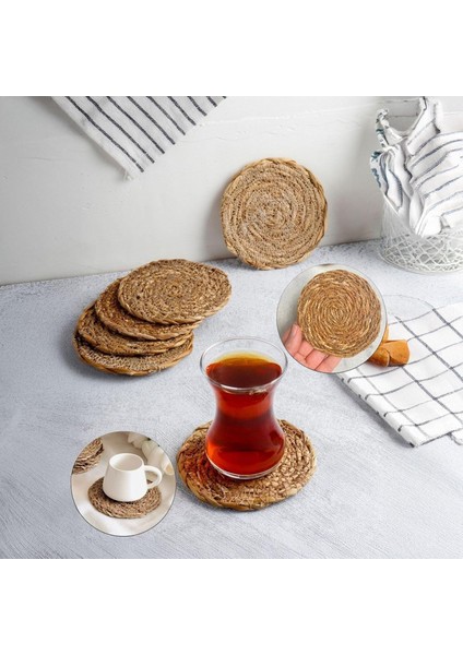 6 Adet El Yapımı Yuvarlak Hasır Altlığı - Fincan, Çay ve Kupa Altlığı - 10CM