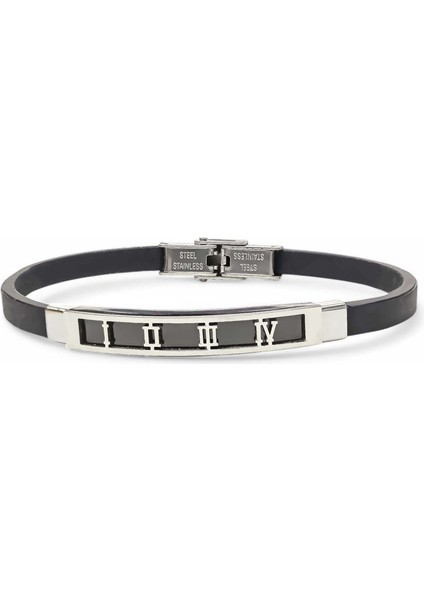 Erkek Roma Rakam Desenli Silikon Kordonlu Çelik Bileklik